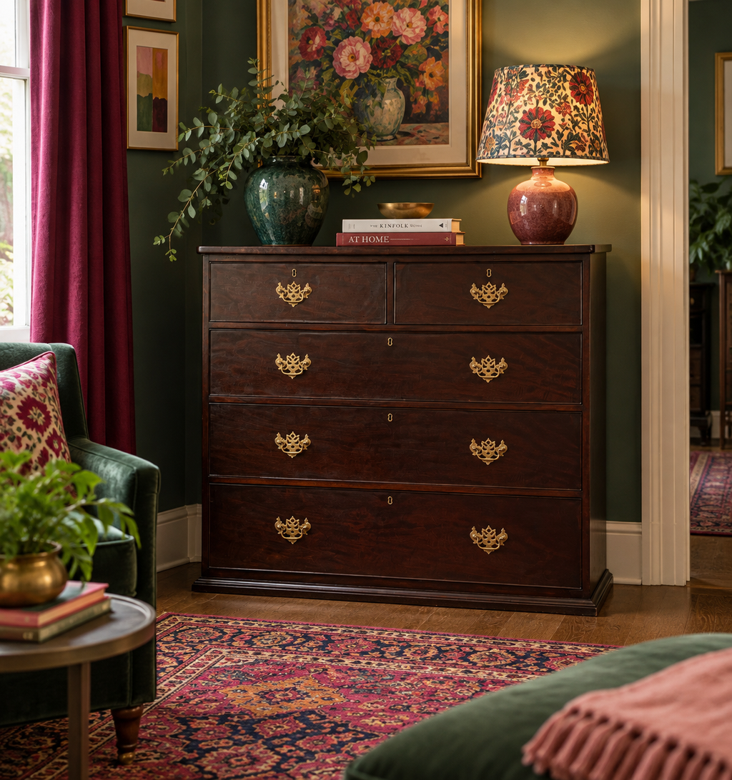 Antique Style Solid Wood Chest of Drawers in Mahogany and Walnut