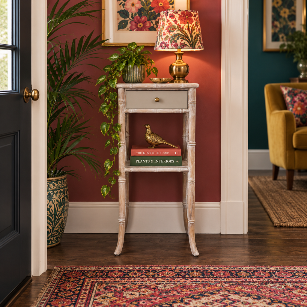 Faux Bamboo Bedside Table in Soft Cream Lime Waxed