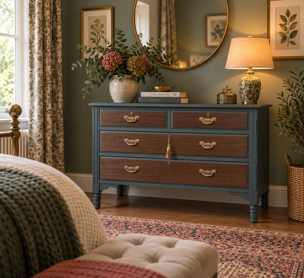 Four Drawer Mahogany & Walnut Chest of Drawers in Green