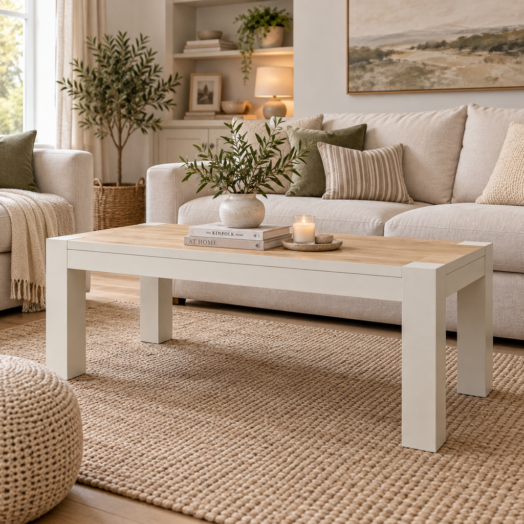 Large Solid Wood Cream Stencilled Coffee Table