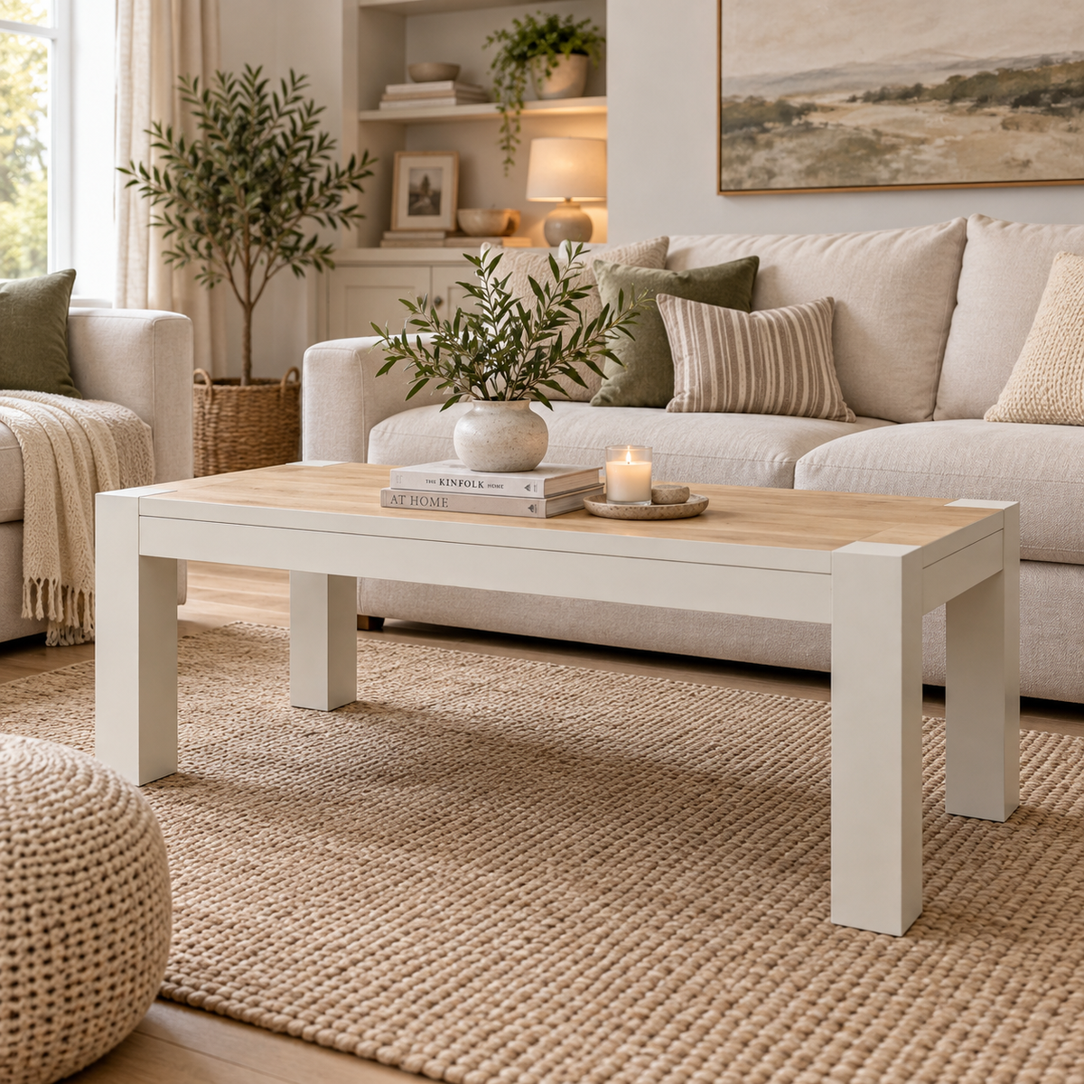 Large Solid Wood Cream Stencilled Coffee Table