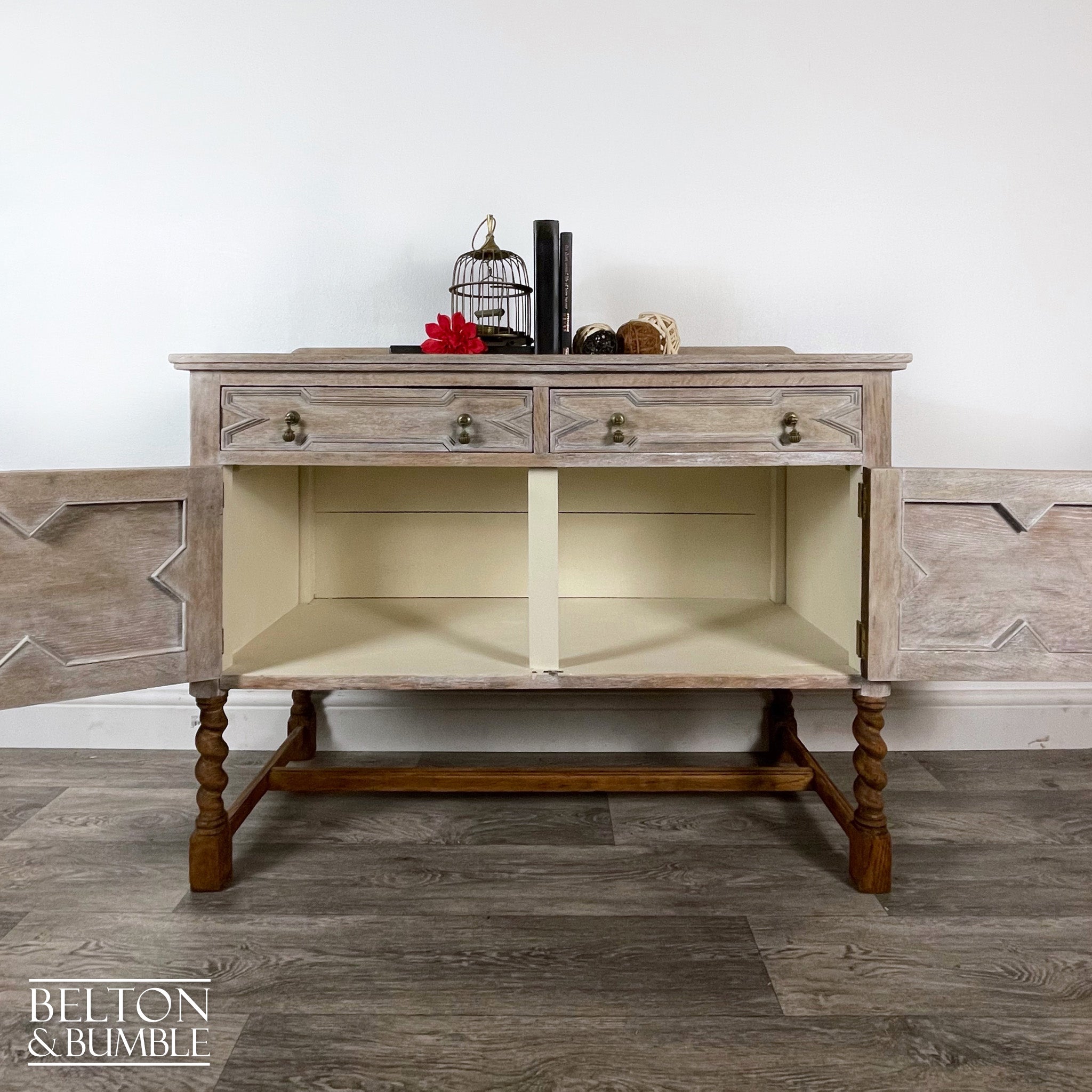 Rustic Jacobean Oak Sideboard with Barley Twist Legs-Belton & Bumble