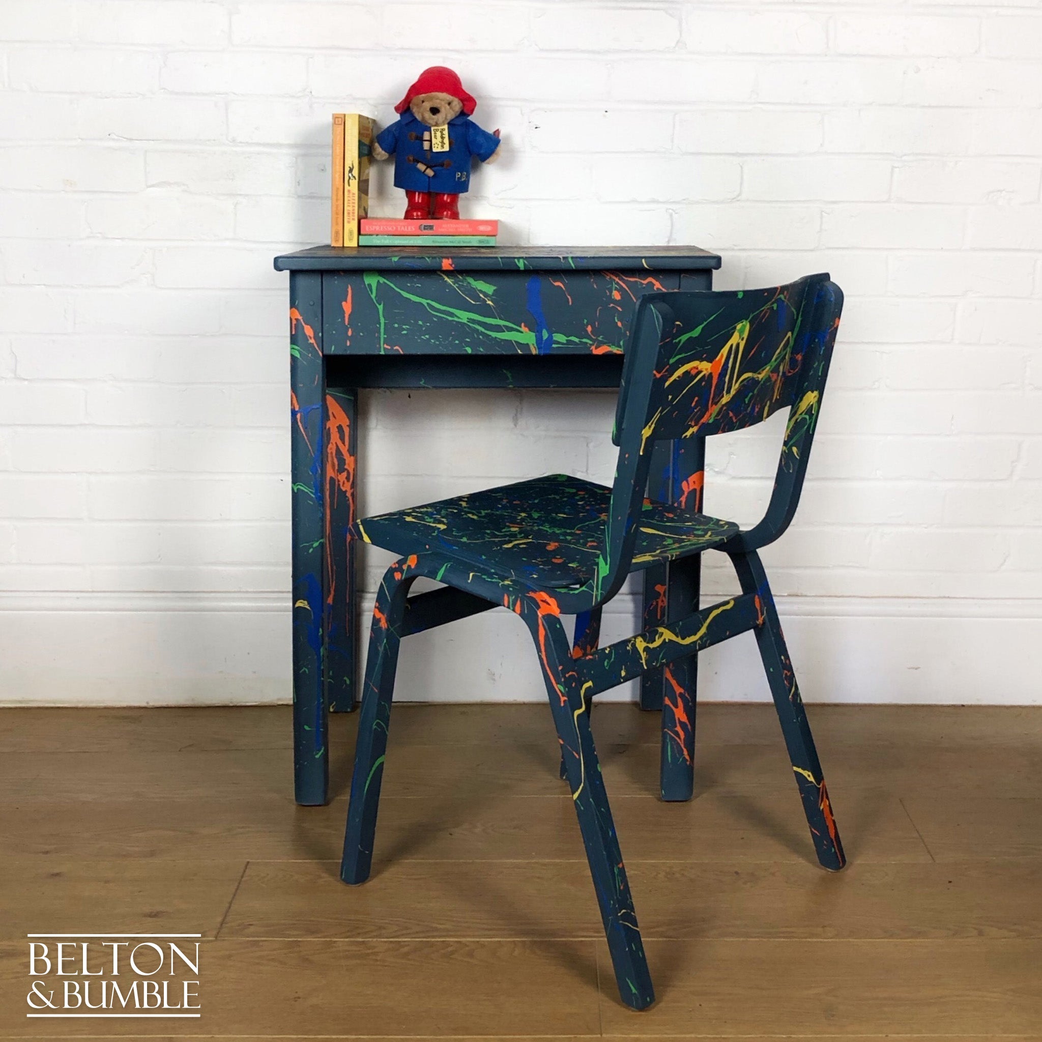 Old School Lift Lid Child’s Writing Desk and Chair in Blue with Multi Coloured Details-Belton & Bumble