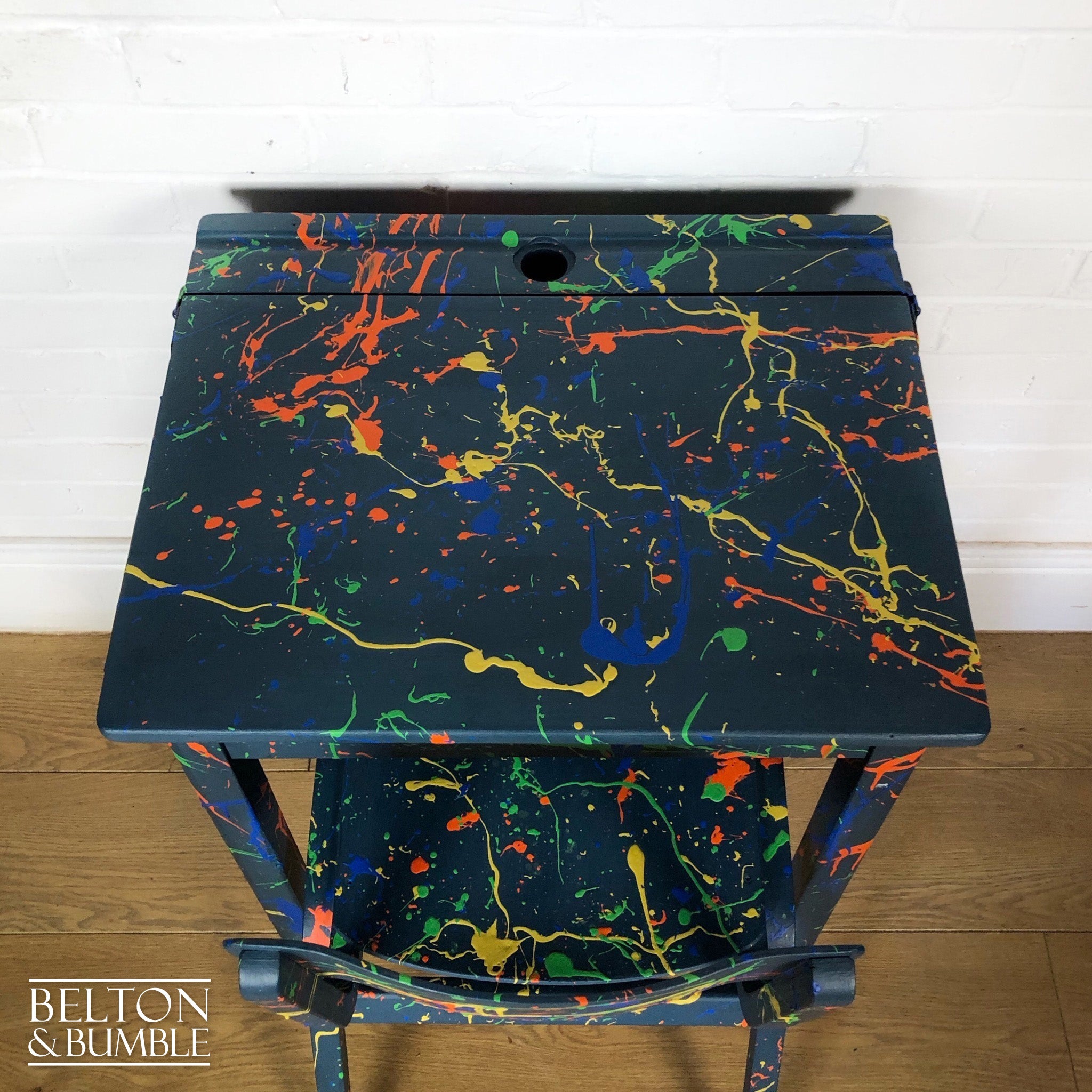 Old School Lift Lid Child’s Writing Desk and Chair in Blue with Multi Coloured Details-Belton & Bumble