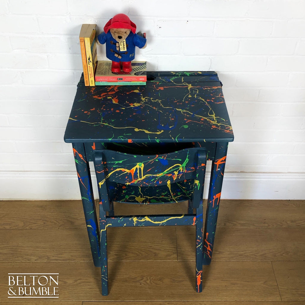 Old School Lift Lid Child’s Writing Desk and Chair in Blue with Multi Coloured Details-Belton & Bumble