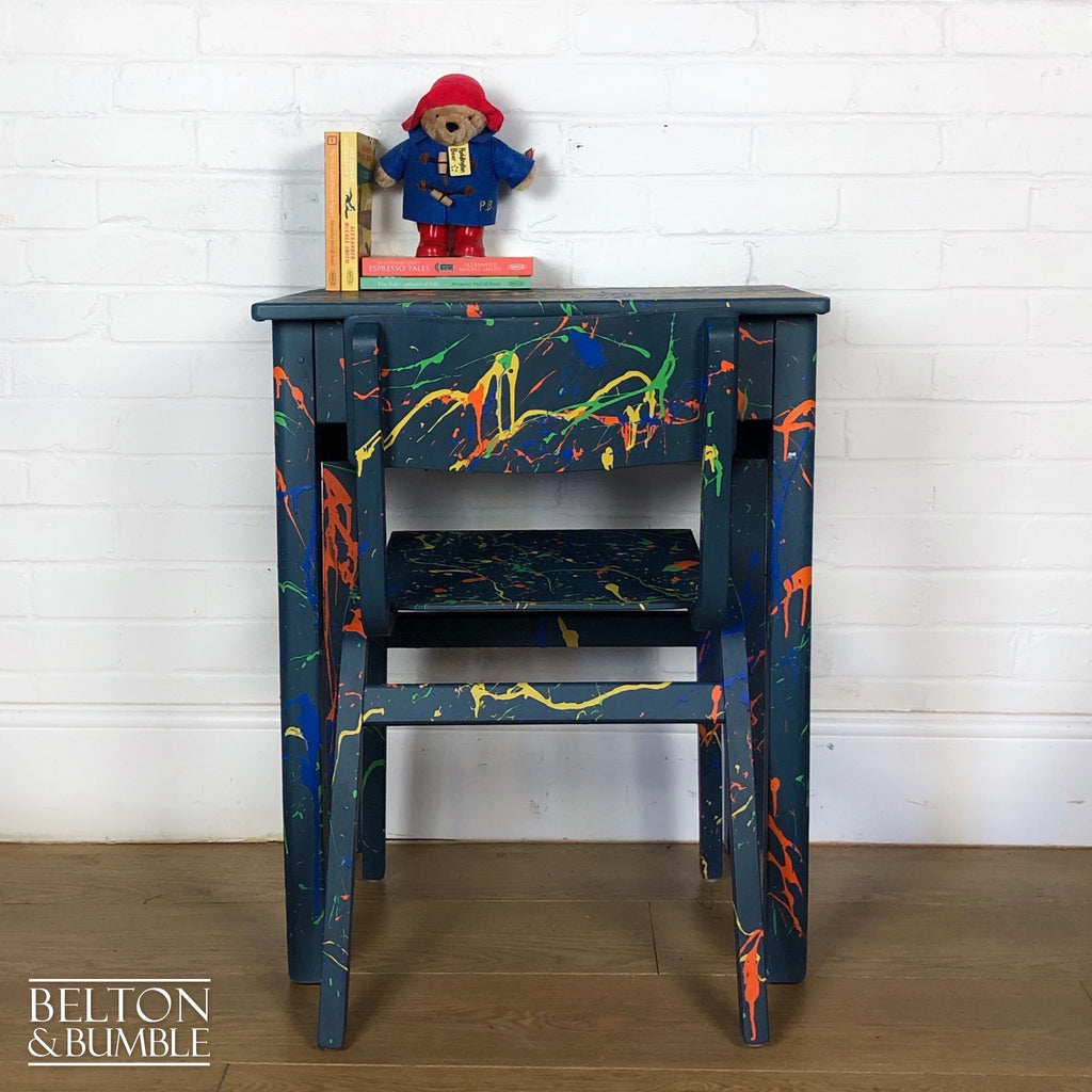 Old School Lift Lid Child’s Writing Desk and Chair in Blue with Multi Coloured Details-Belton & Bumble