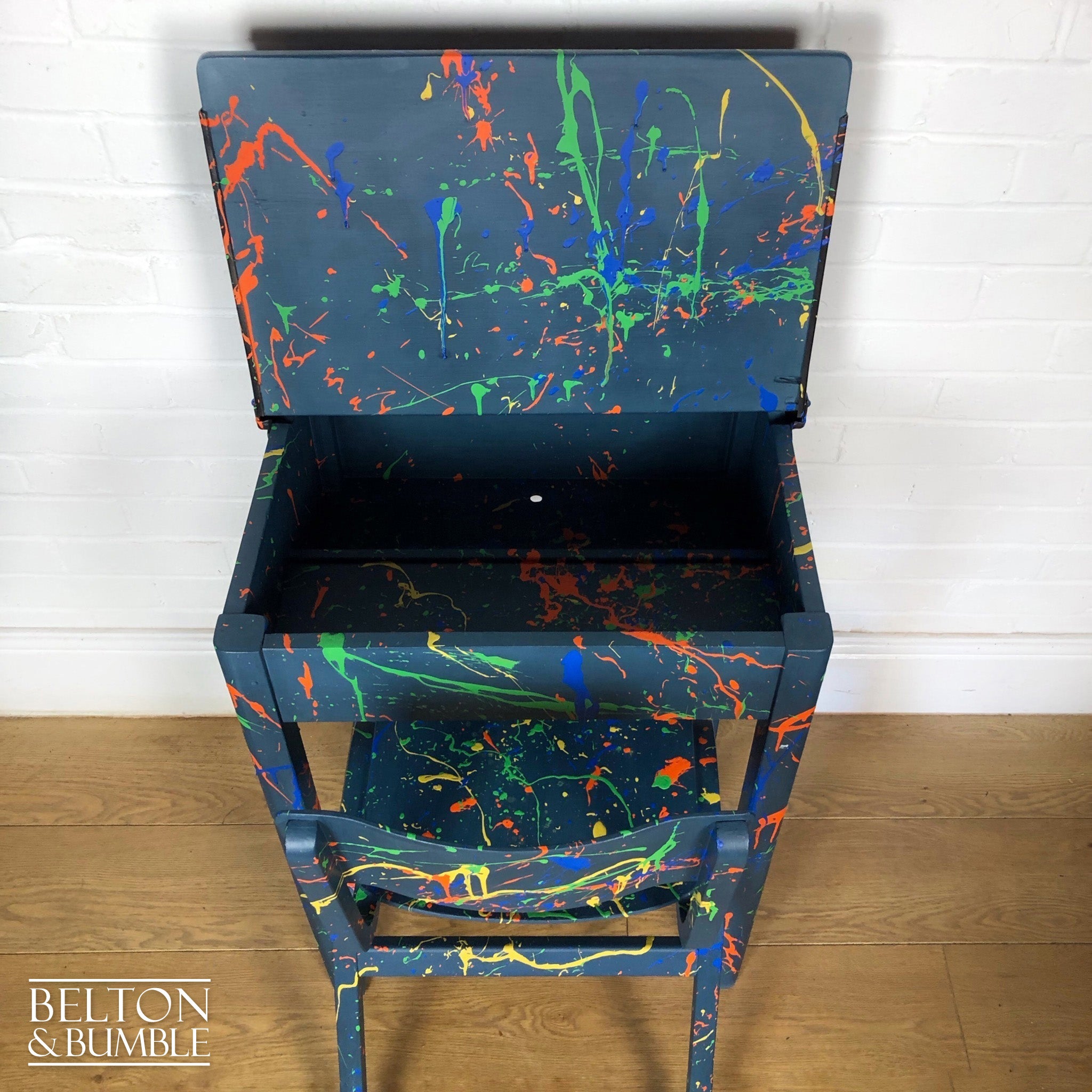 Old School Lift Lid Child’s Writing Desk and Chair in Blue with Multi Coloured Details-Belton & Bumble