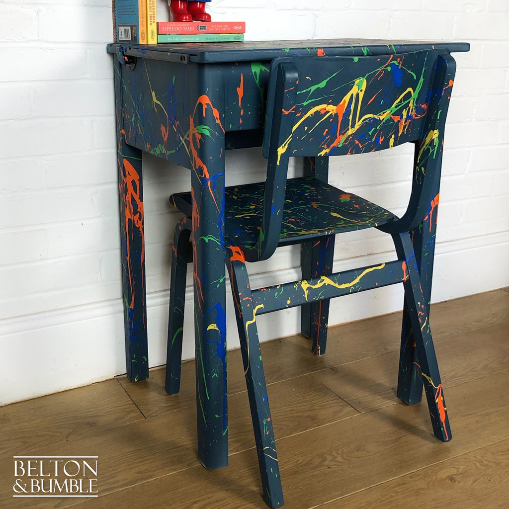 Old School Lift Lid Child’s Writing Desk and Chair in Blue with Multi Coloured Details-Belton & Bumble