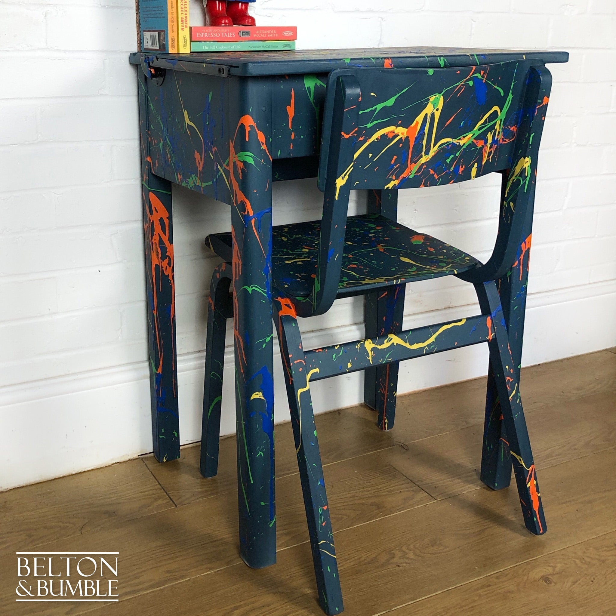 Old School Lift Lid Child’s Writing Desk and Chair in Blue with Multi Coloured Details-Belton & Bumble
