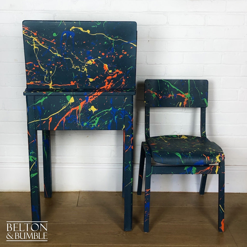 Old School Lift Lid Child’s Writing Desk and Chair in Blue with Multi Coloured Details-Belton & Bumble