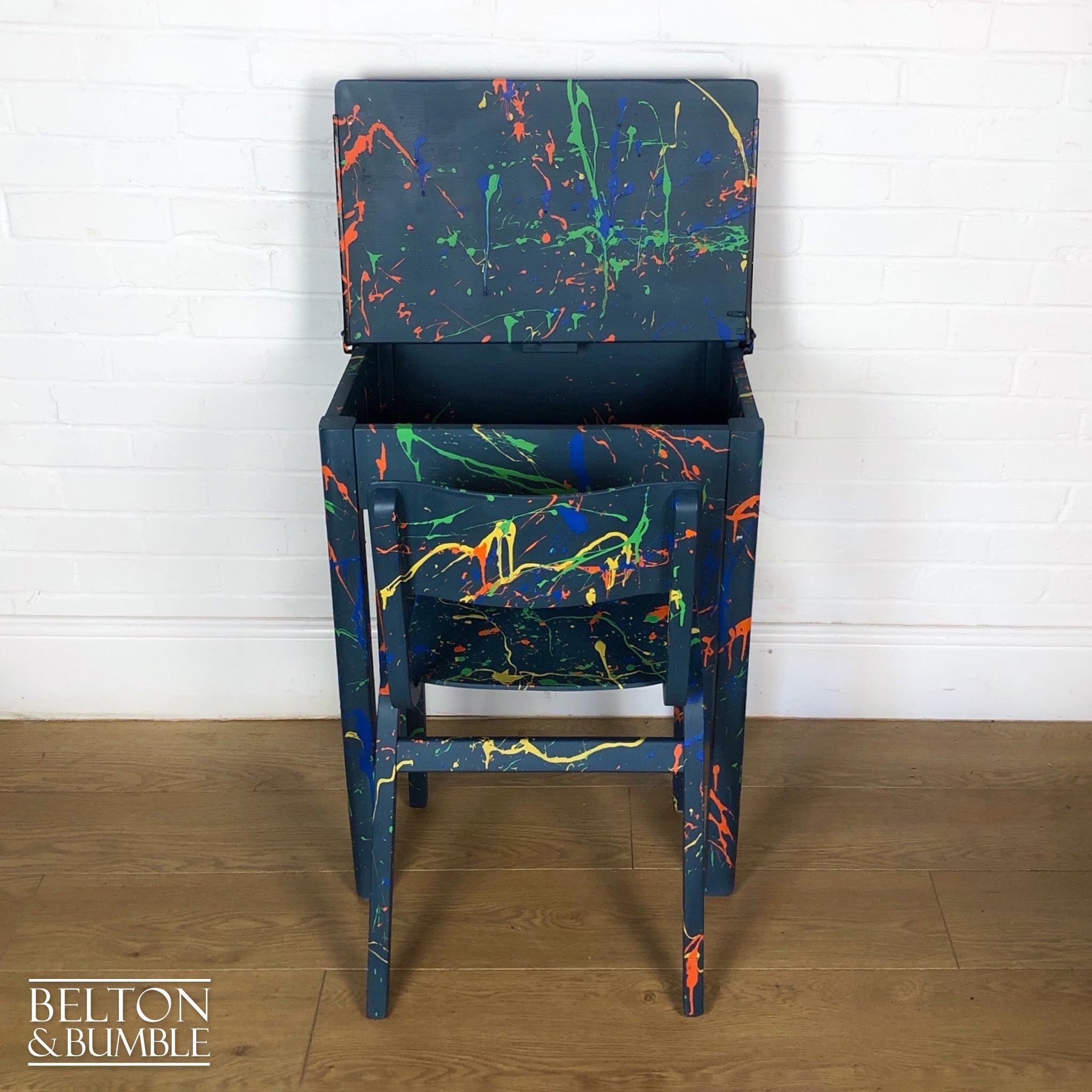 Old School Lift Lid Child’s Writing Desk and Chair in Blue with Multi Coloured Details-Belton & Bumble