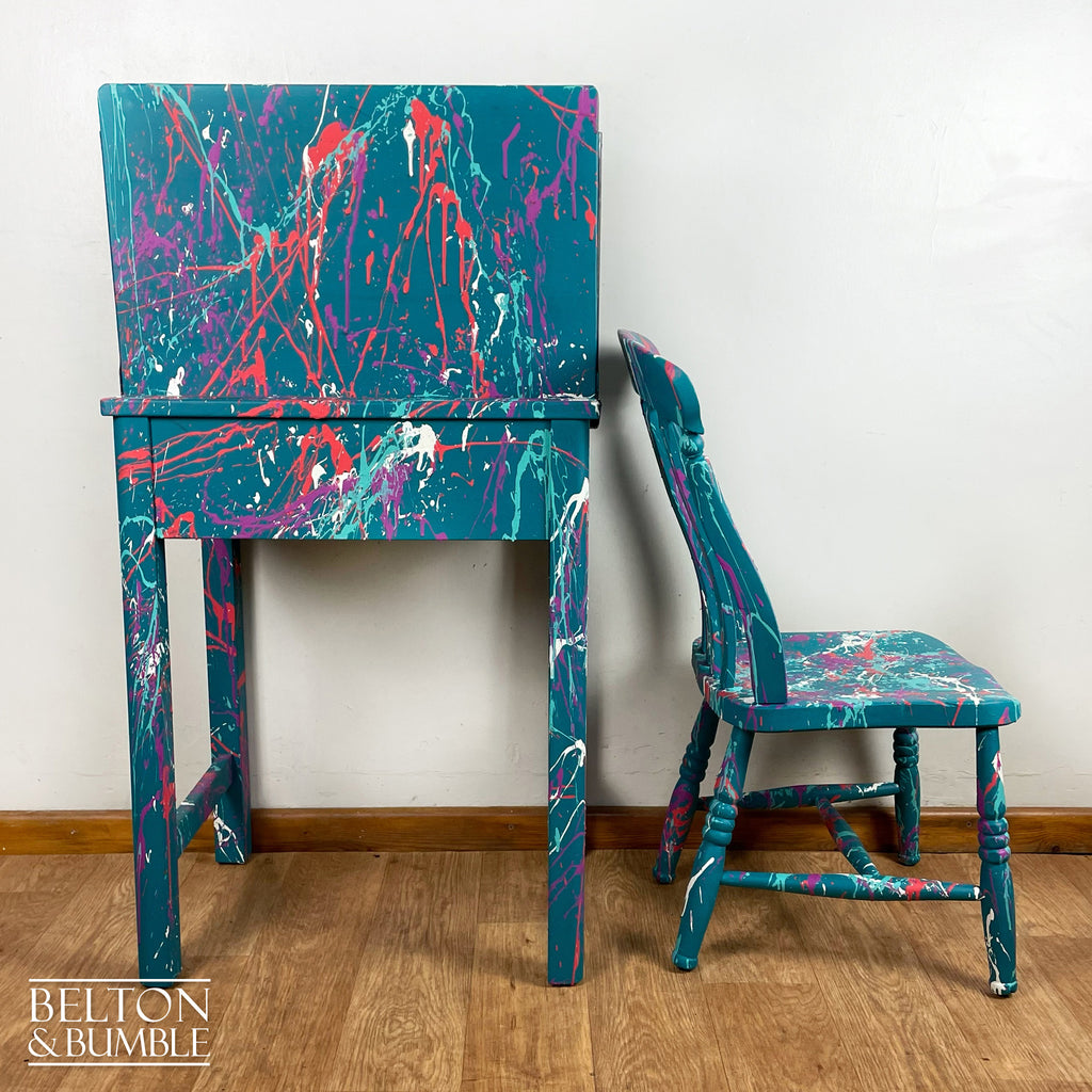 Vintage Lift Lid Child’s Writing Desk and Chair in Teal-Belton & Bumble