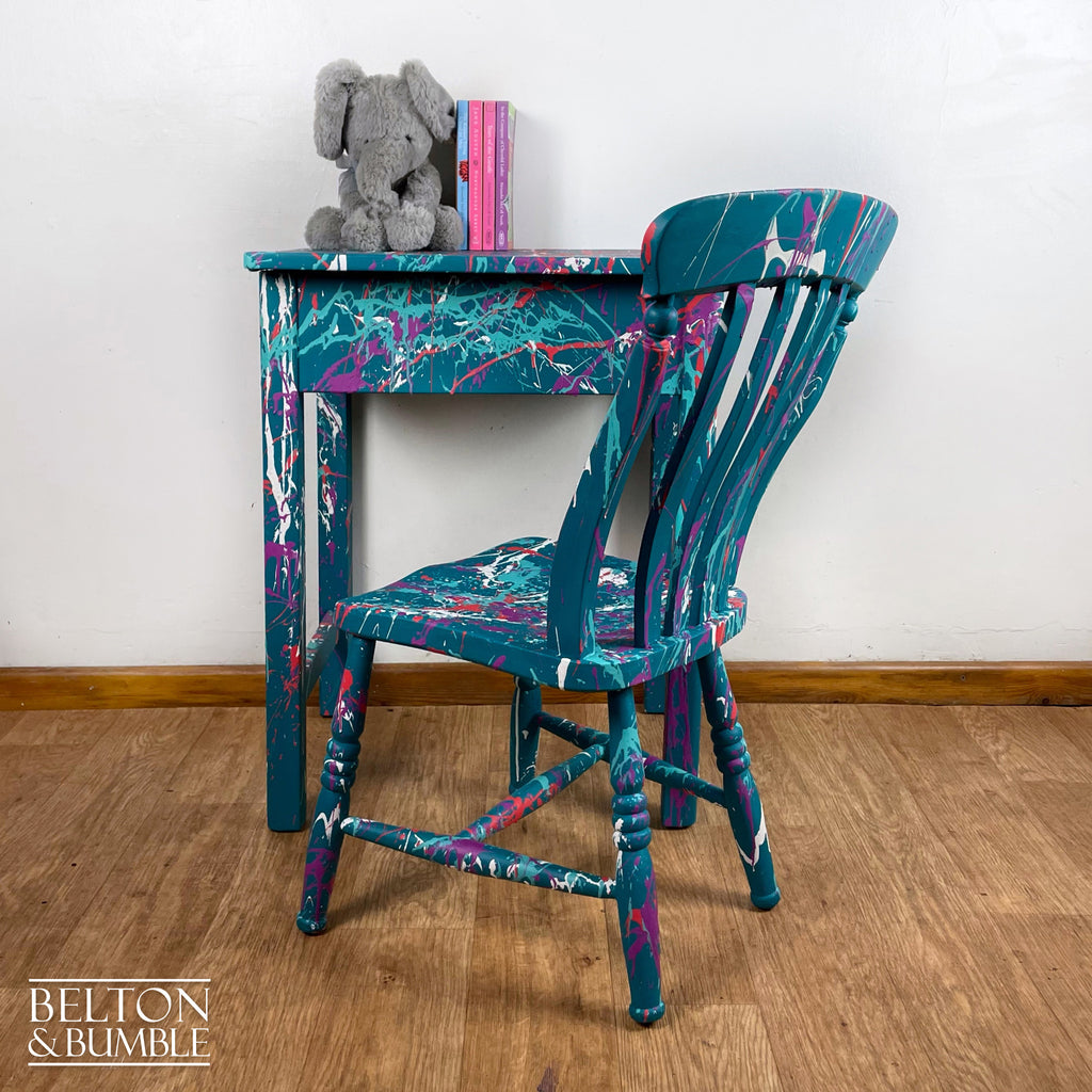 Vintage Lift Lid Child’s Writing Desk and Chair in Teal-Belton & Bumble