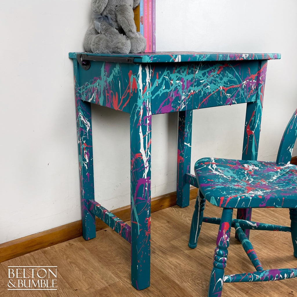 Vintage Lift Lid Child’s Writing Desk and Chair in Teal-Belton & Bumble
