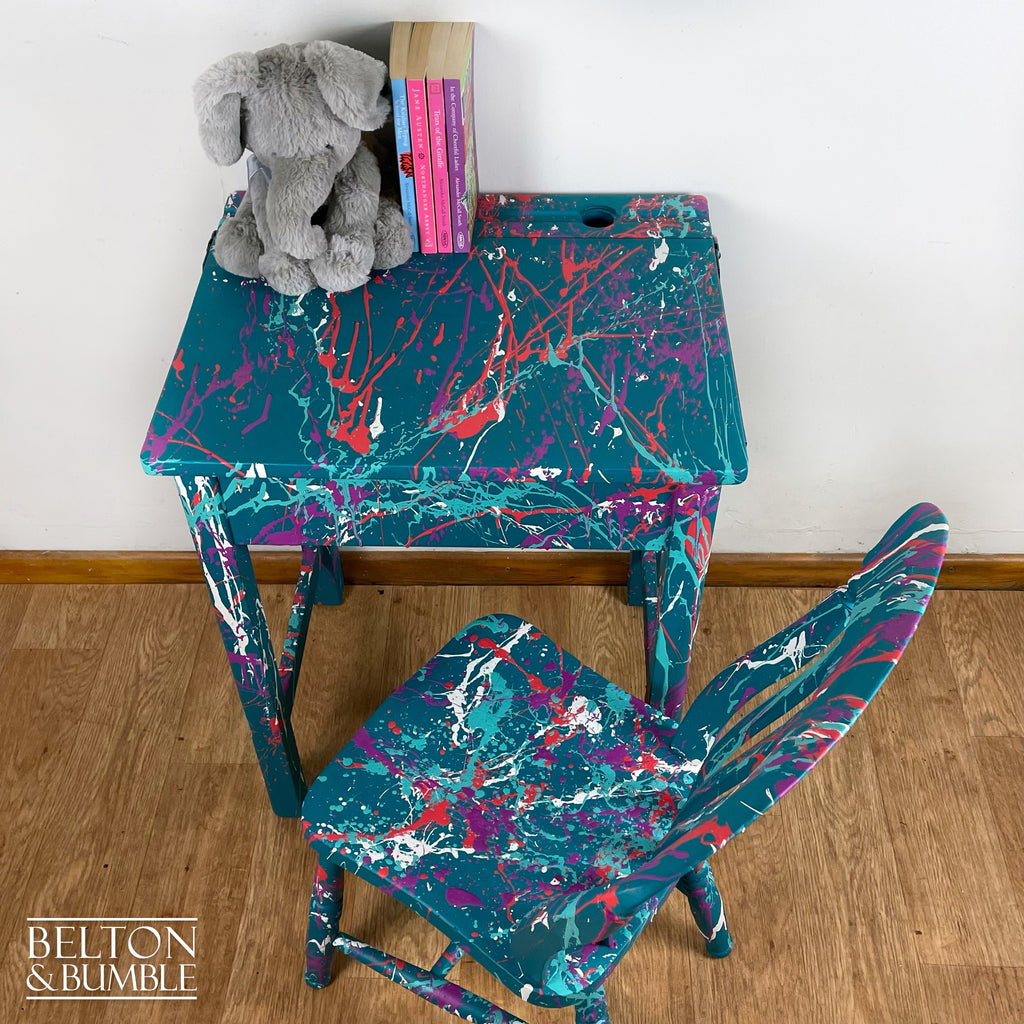 Vintage Lift Lid Child’s Writing Desk and Chair in Teal-Belton & Bumble