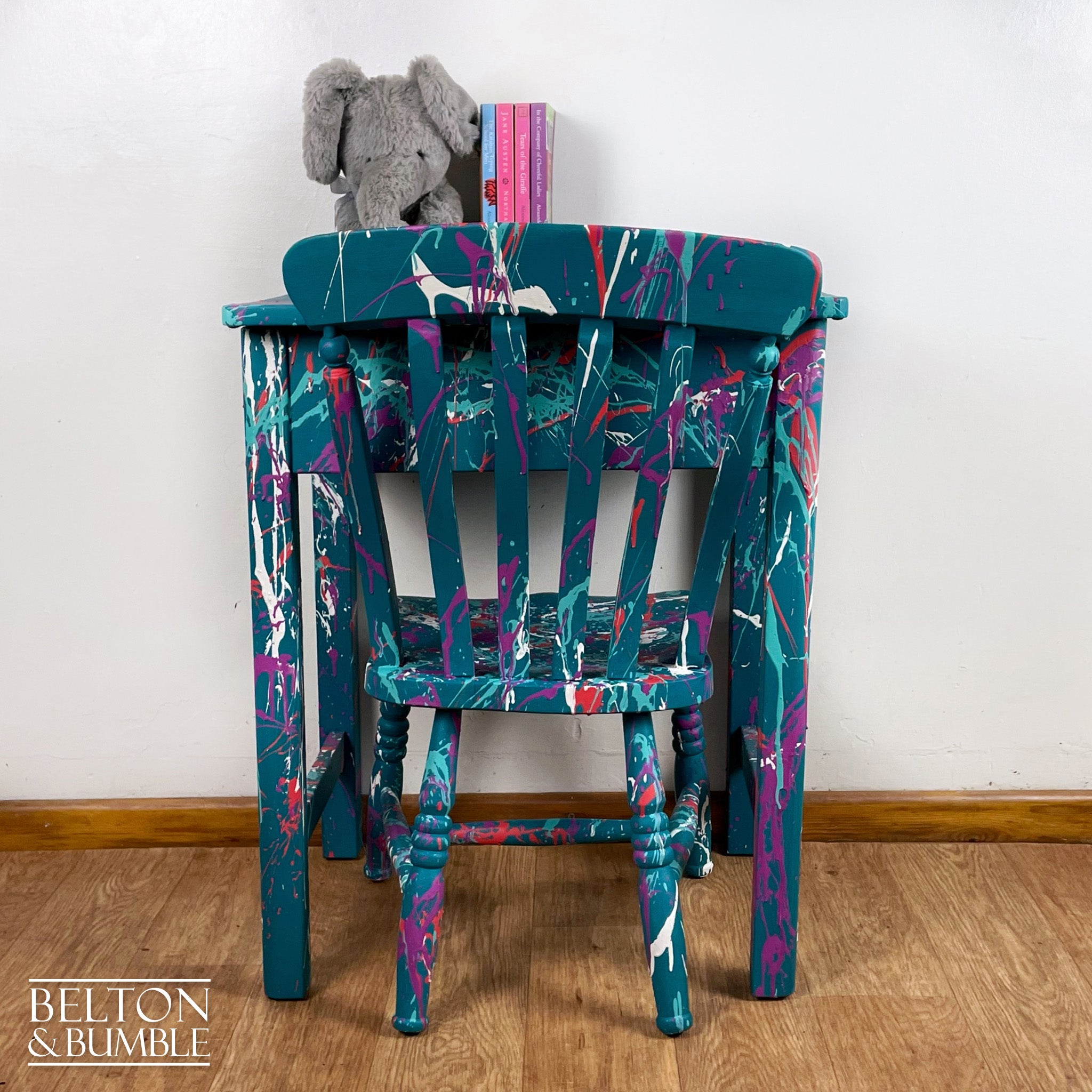 Vintage Lift Lid Child’s Writing Desk and Chair in Teal-Belton & Bumble