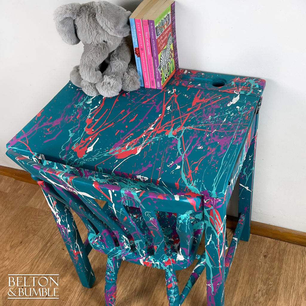 Vintage Lift Lid Child’s Writing Desk and Chair in Teal-Belton & Bumble