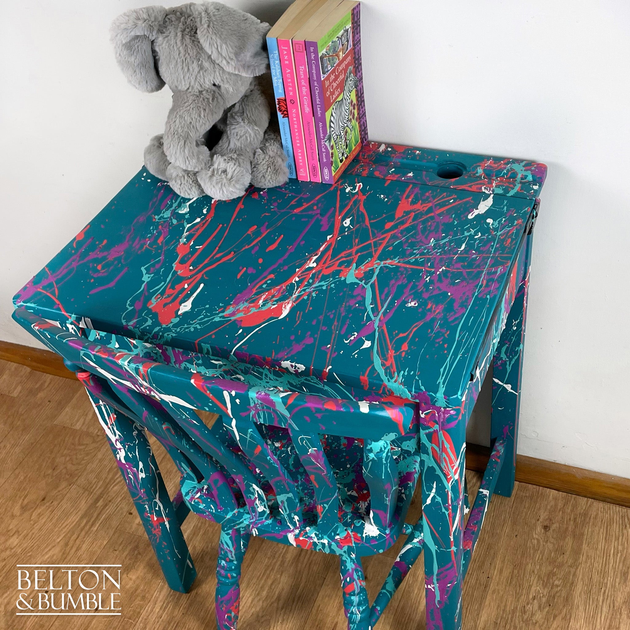 Vintage Lift Lid Child’s Writing Desk and Chair in Teal-Belton & Bumble