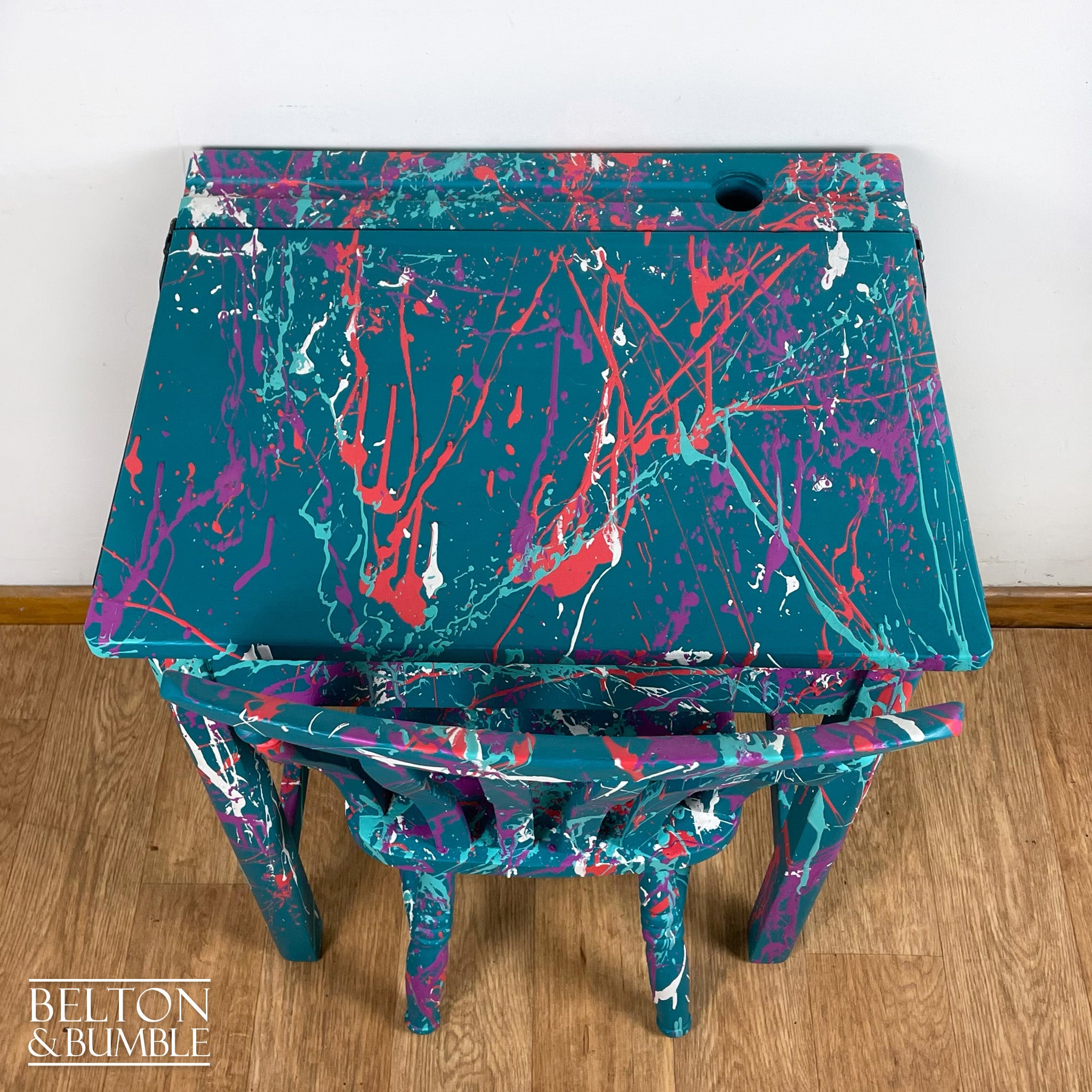 Vintage Lift Lid Child’s Writing Desk and Chair in Teal-Belton & Bumble