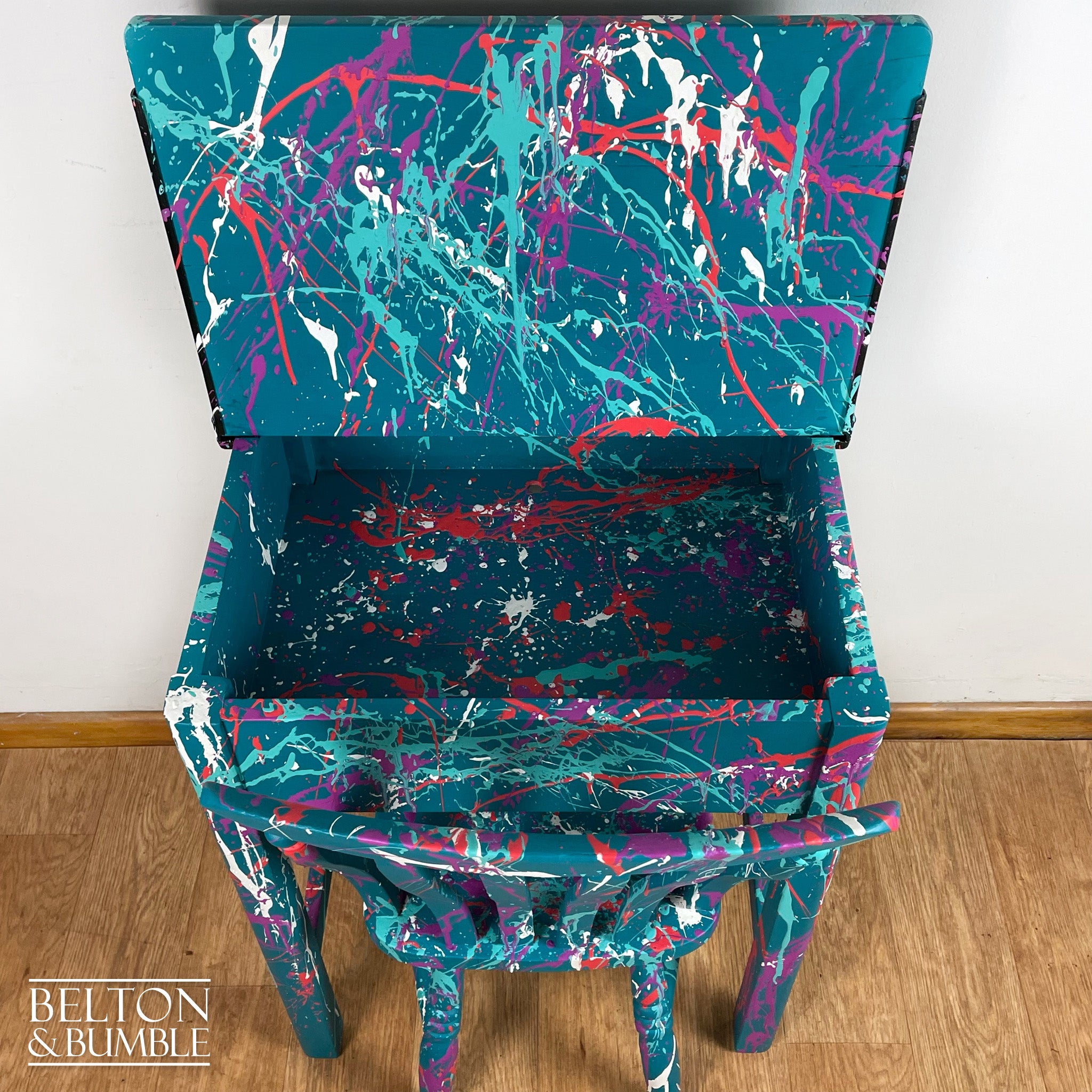 Vintage Lift Lid Child’s Writing Desk and Chair in Teal-Belton & Bumble
