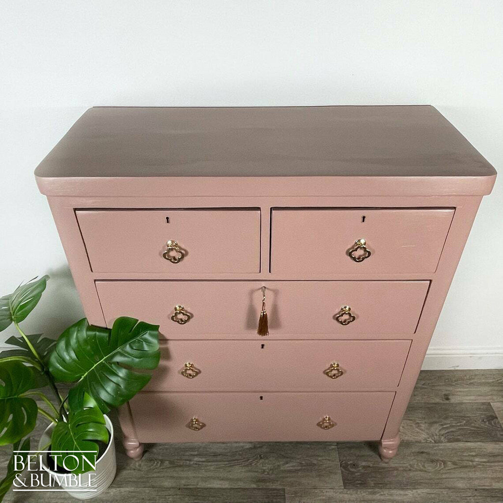 Large Five Drawer Vintage Chest of Drawers in Dusky Pink-Belton & Bumble