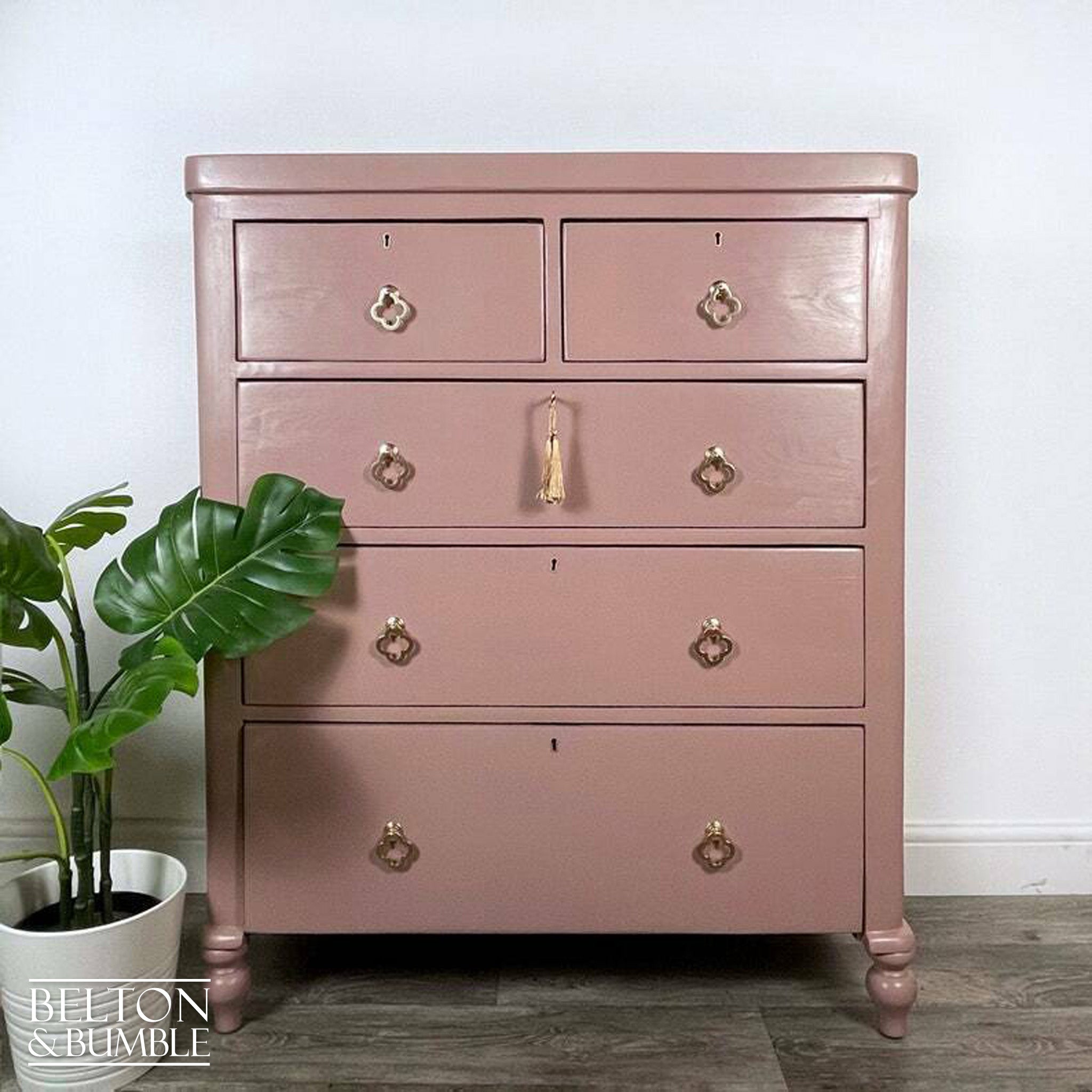 Large Five Drawer Vintage Chest of Drawers in Dusky Pink-Belton & Bumble