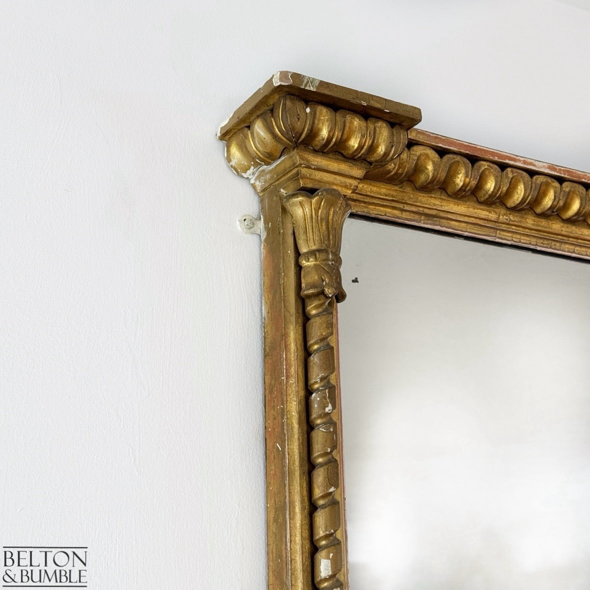 Large Antique Giltwood Wall Mirror – Top surface detail showing smooth, satin finish and edge profile