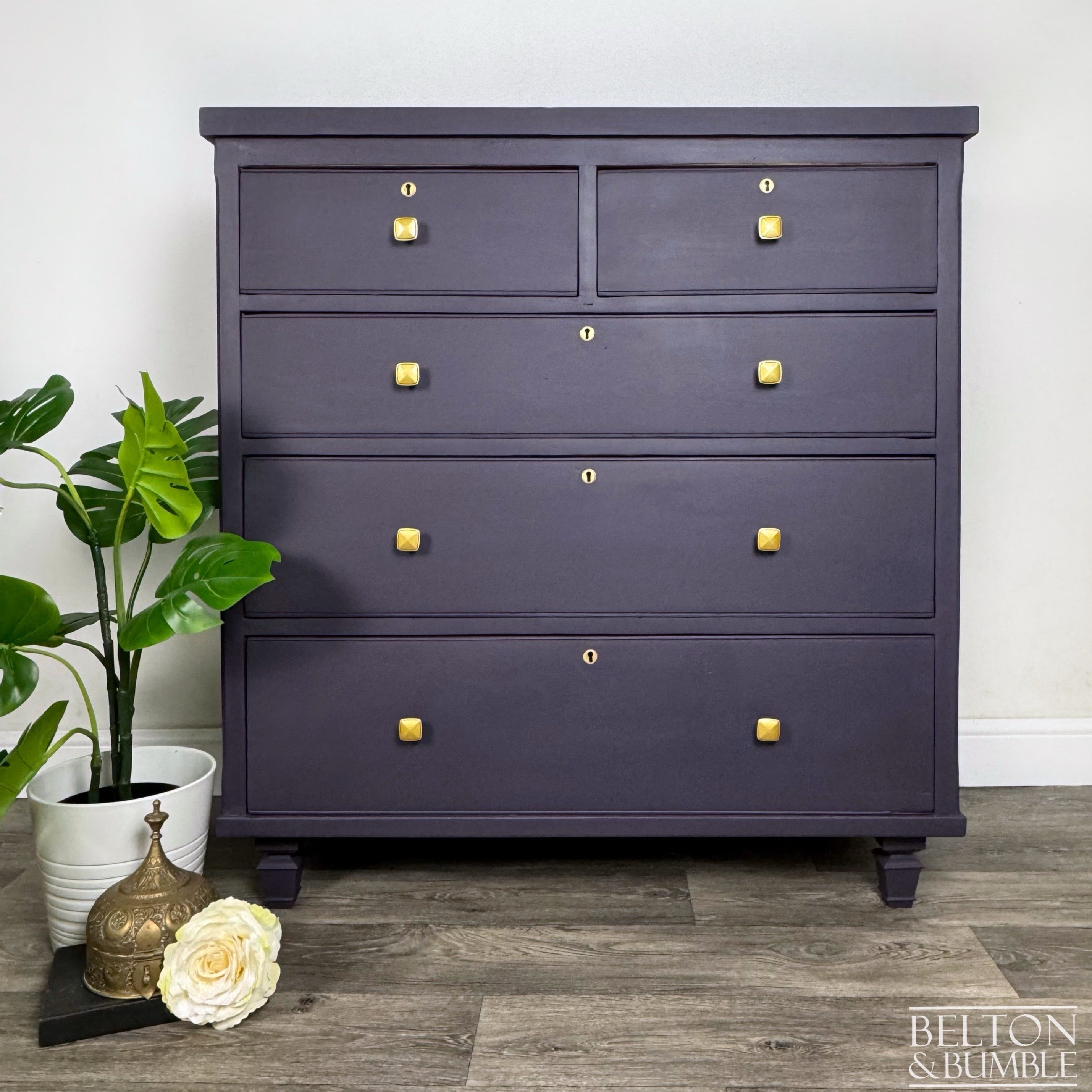 Large Five Drawer Vintage Chest of Drawers in Dark Purple