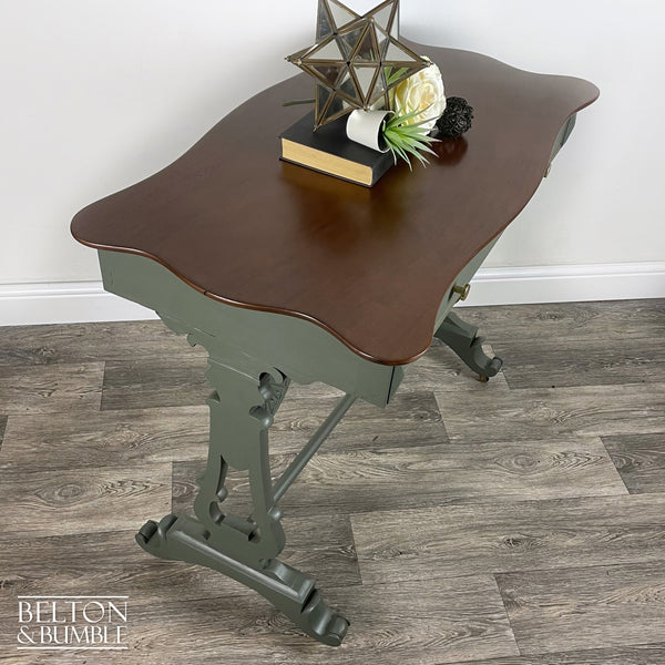 Large Mahogany Console Table in Green – angled view showing proportions and stance
