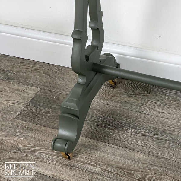 Large Mahogany Console Table in Green – Restored vintage piece with mahogany and green accents and polished top, shaped legs
