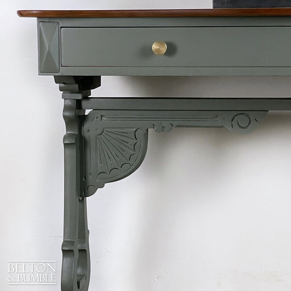 Large Mahogany Console Table in Green – front view showing carving details and handles