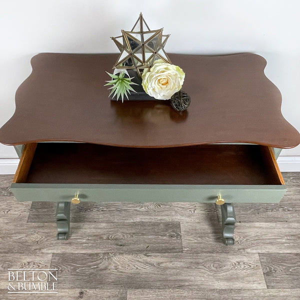 Large Mahogany Console Table in Green – Interior detail view with usable storage drawer