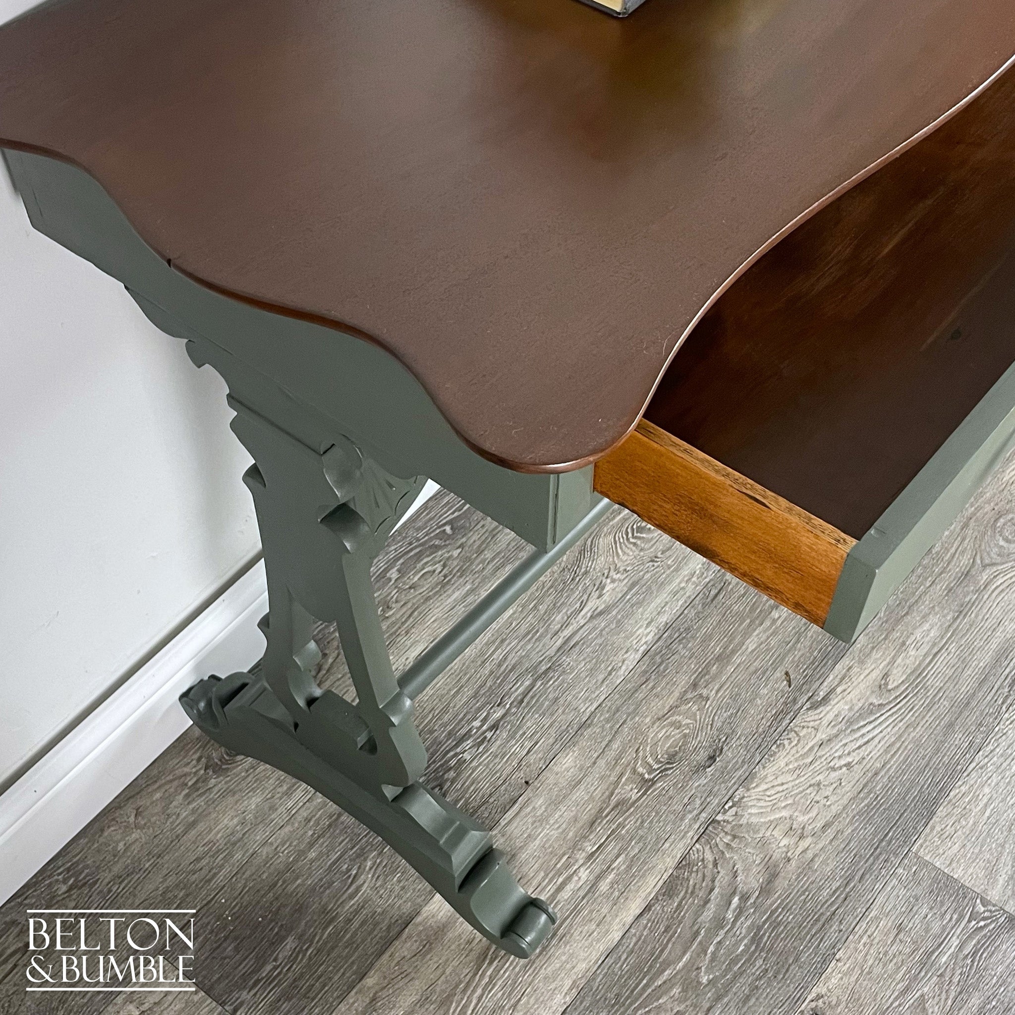 Large Mahogany Console Table in Green – Interior detail view with usable storage