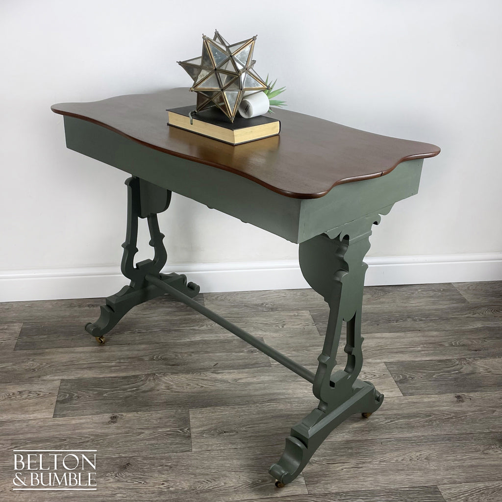 Large Mahogany Console Table in Green – Side profile highlighting depth, leg shape and silhouette