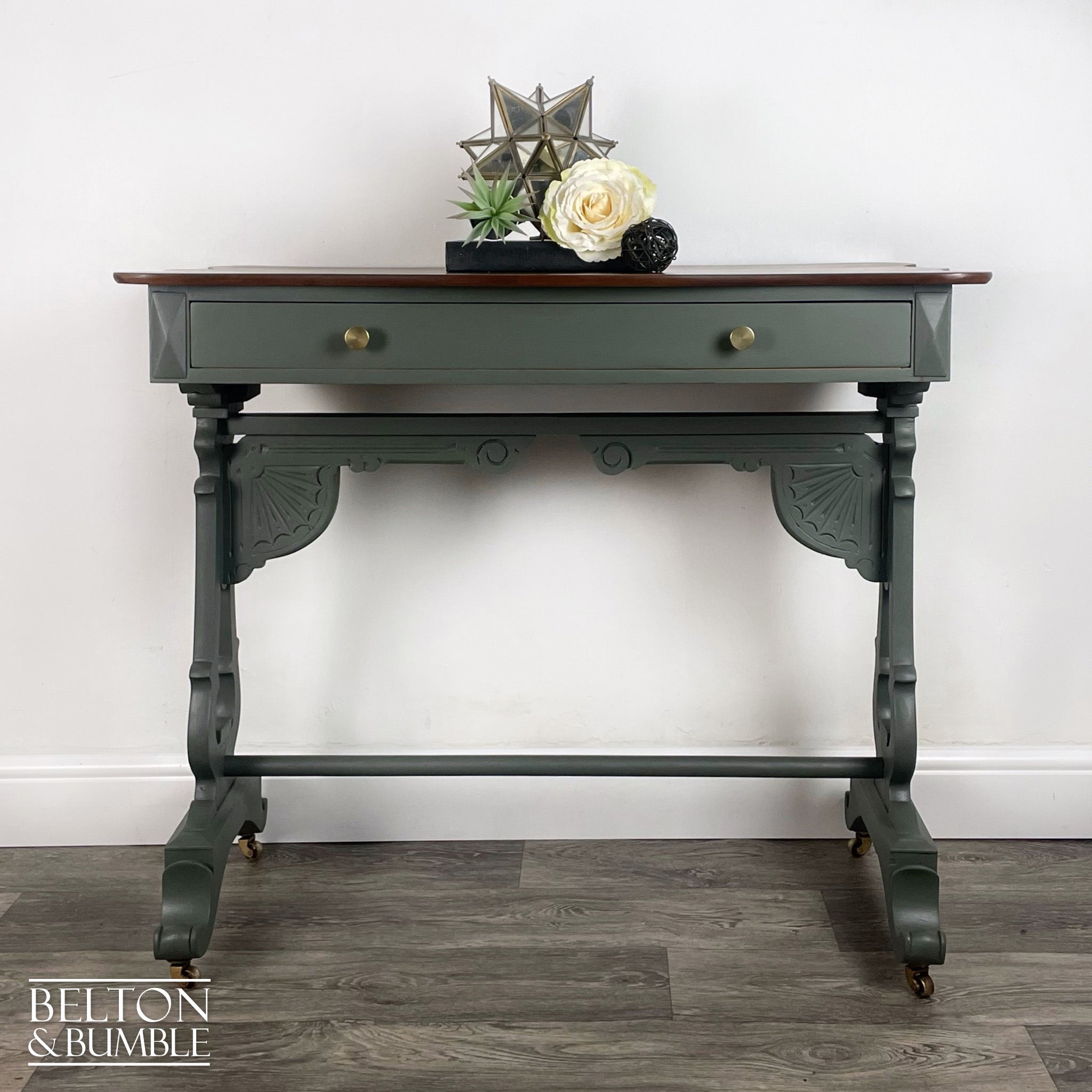 Large Mahogany Console Table in Green – Styled product shot with complementary decor to suggest scale