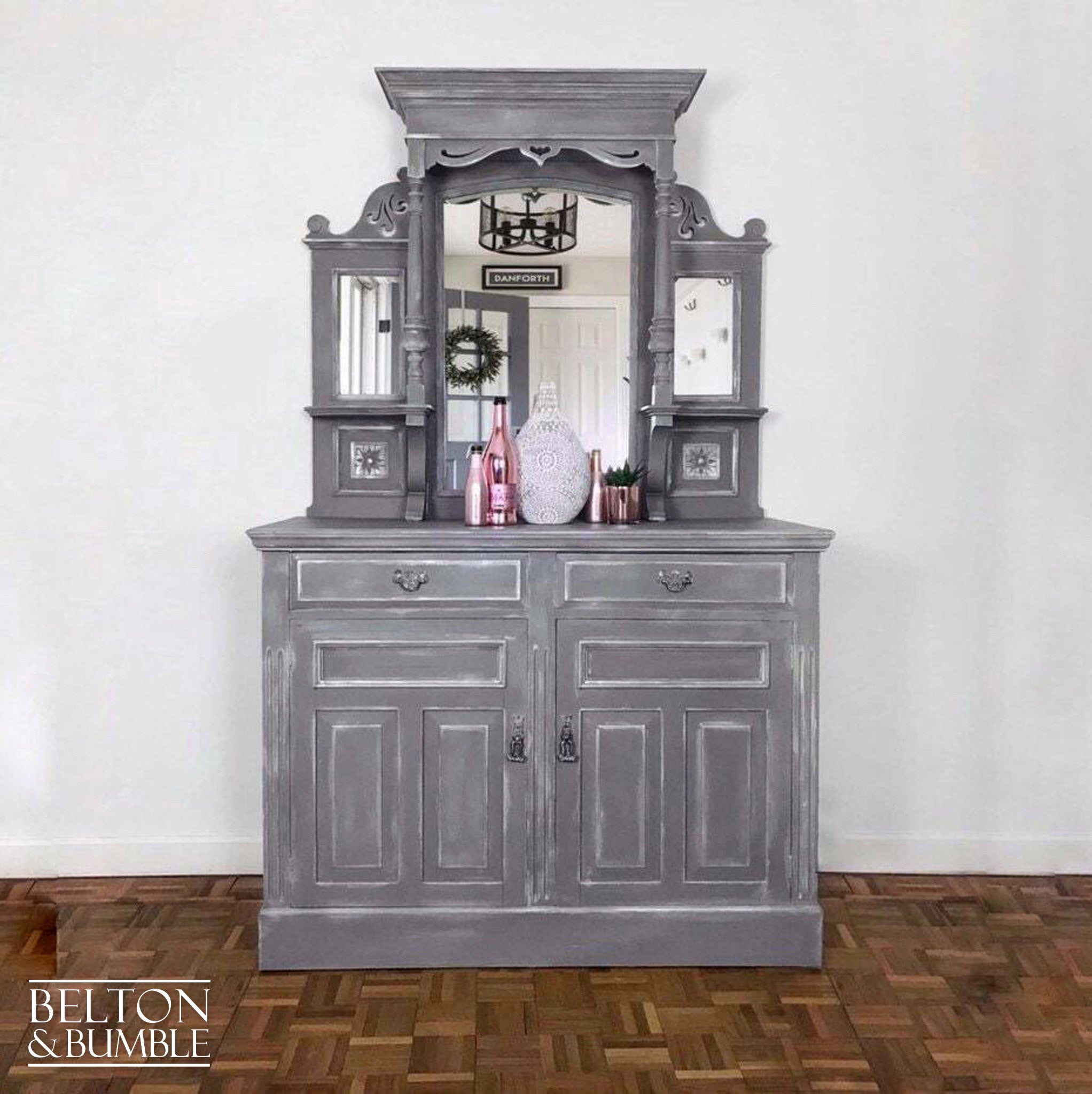 Light Grey Chiffonier Drinks Cabinet with Mirrors-Belton & Bumble