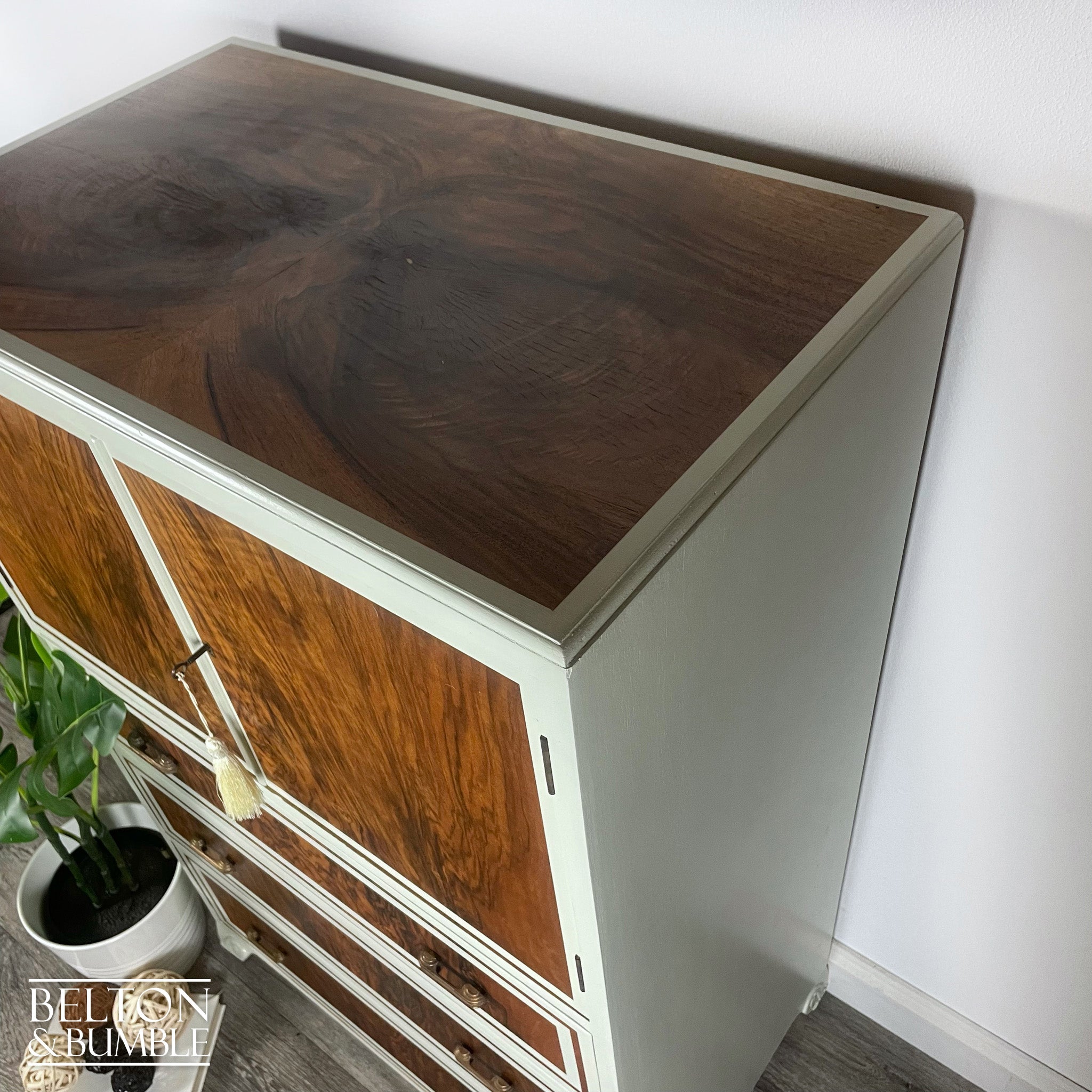 Linen Cupboard In Walnut With Farrow & Ball Painted Detail-Belton & Bumble