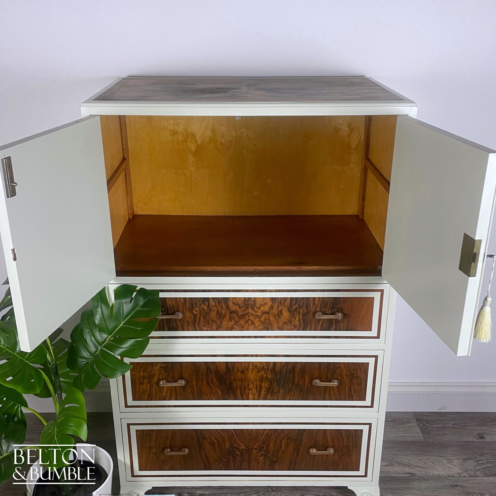 Linen Cupboard In Walnut With Farrow & Ball Painted Detail-Belton & Bumble