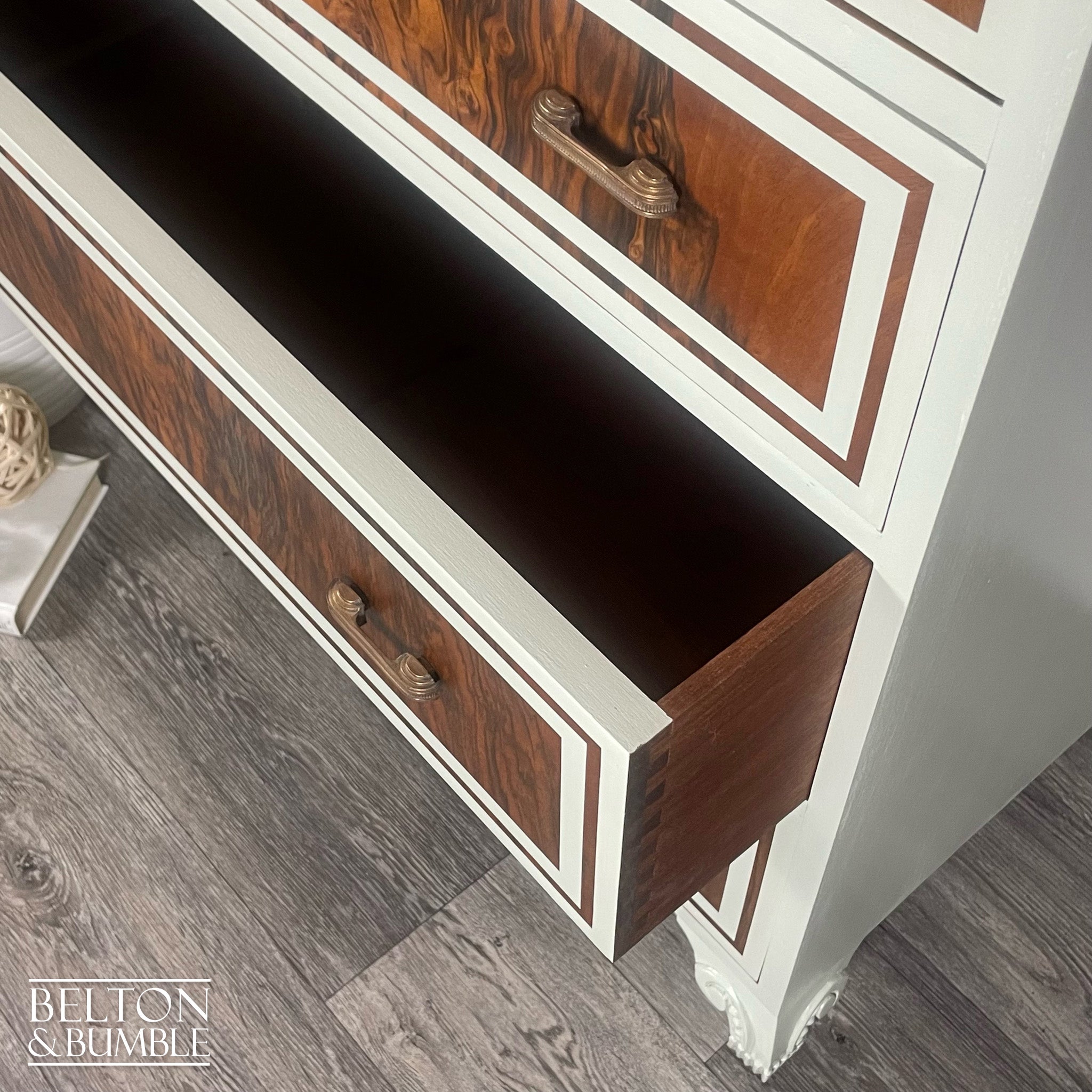 Linen Cupboard In Walnut With Farrow & Ball Painted Detail-Belton & Bumble