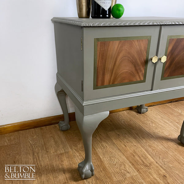 Mahogany Cocktail Cabinet in Green Grey and Bronze – angled view showing proportions and stance