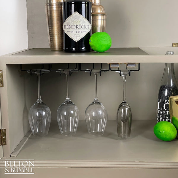 Mahogany Cocktail Cabinet in Green Grey and Bronze – Close-up of interior wine glass storage