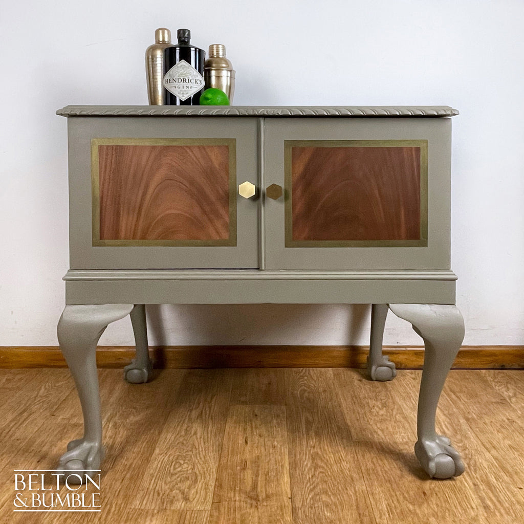 Mahogany Cocktail Cabinet in Green Grey and Bronze – Restored vintage piece with mahogany and green, grey accents and shelving, glass door, display storage