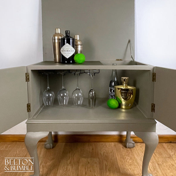 Mahogany Cocktail Cabinet in Green Grey and Bronze – Open drawer showing glass rack and storage