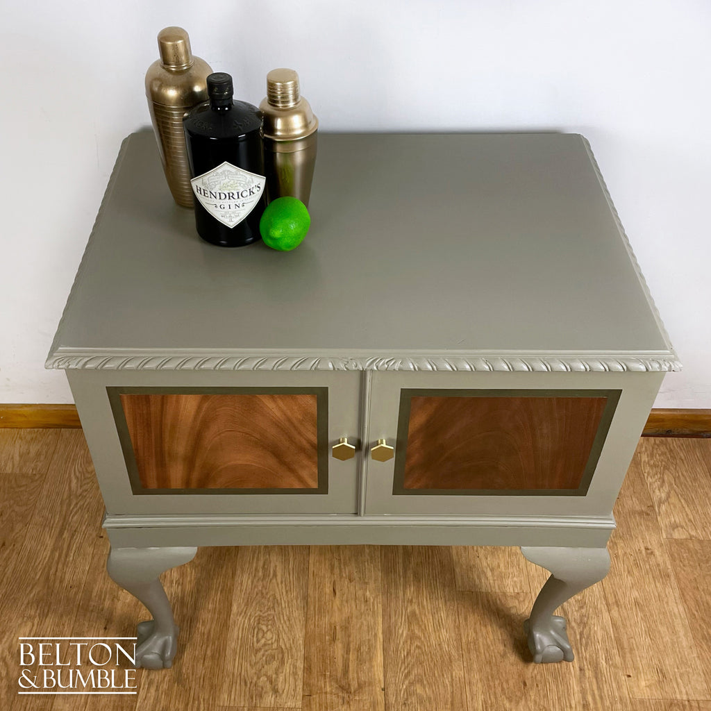 Mahogany Cocktail Cabinet in Green Grey and Bronze – Top surface detail showing smooth, satin finish and edge profile