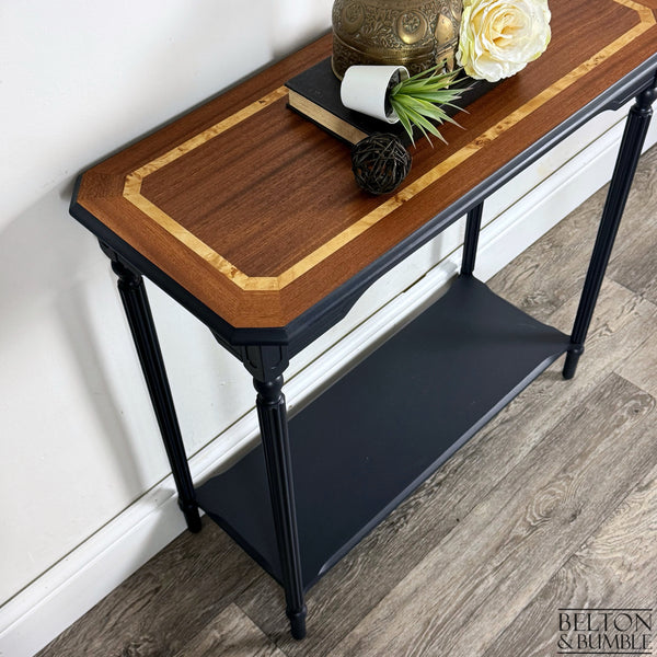 Mahogany and Burr Poplar Console Table in Navy Blue – angled view showing proportions and stance
