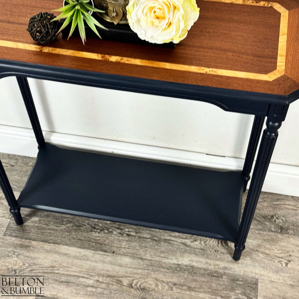 Mahogany and Burr Poplar Console Table in Navy Blue – Close-up of mahogany, poplar with navy, blue finish and texture