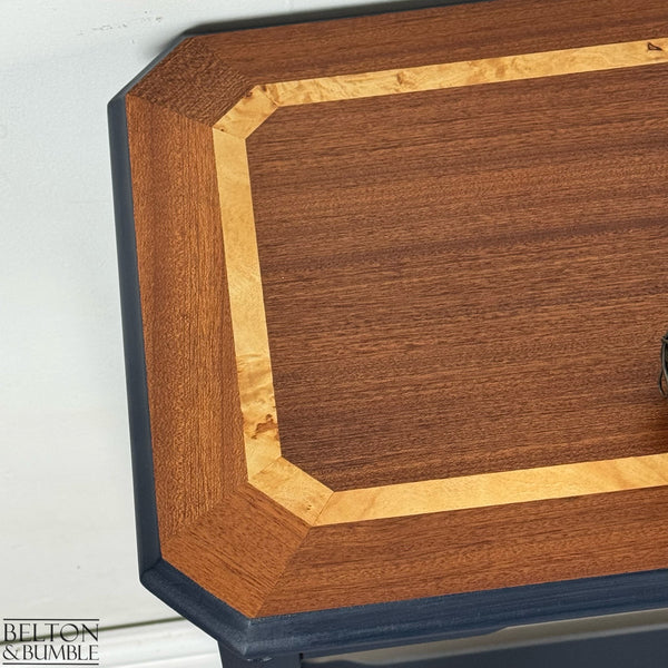 Mahogany and Burr Poplar Console Table in Navy Blue – Close-up of mahogany, poplar with navy, blue finish and texture on top