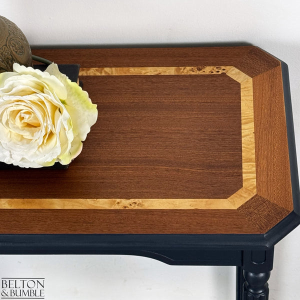Mahogany and Burr Poplar Console Table in Navy Blue – Restored vintage piece with mahogany, poplar and navy, blue accents and polished top, turned legs