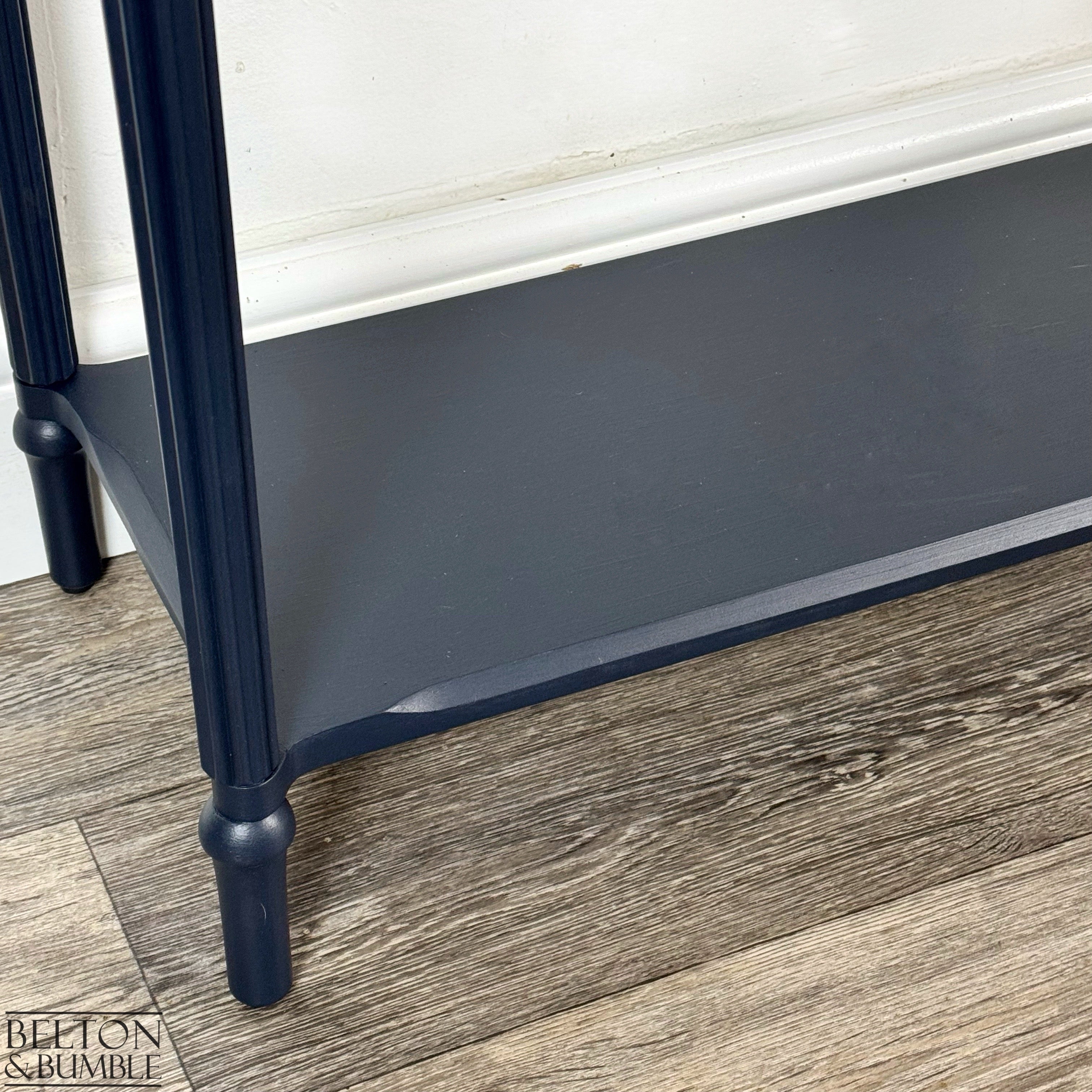 Mahogany and Burr Poplar Console Table in Navy Blue – lower view showing shelf