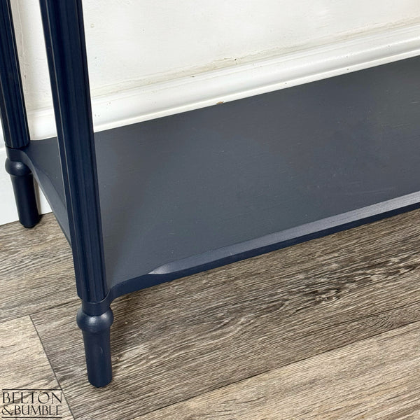 Mahogany and Burr Poplar Console Table in Navy Blue – lower view showing shelf